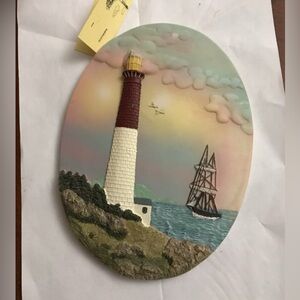 Hand-Painted Lighthouse Coastal Wall Art – Nautical Seascape Decor Plaque